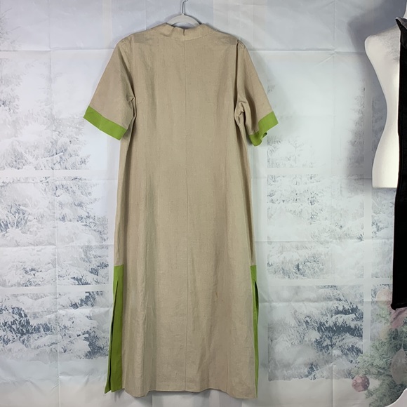 Marina Rinaldi Puro Lino Linen Green Contrast Trim Side Slit Button Midi Dress - Picture 9 of 15